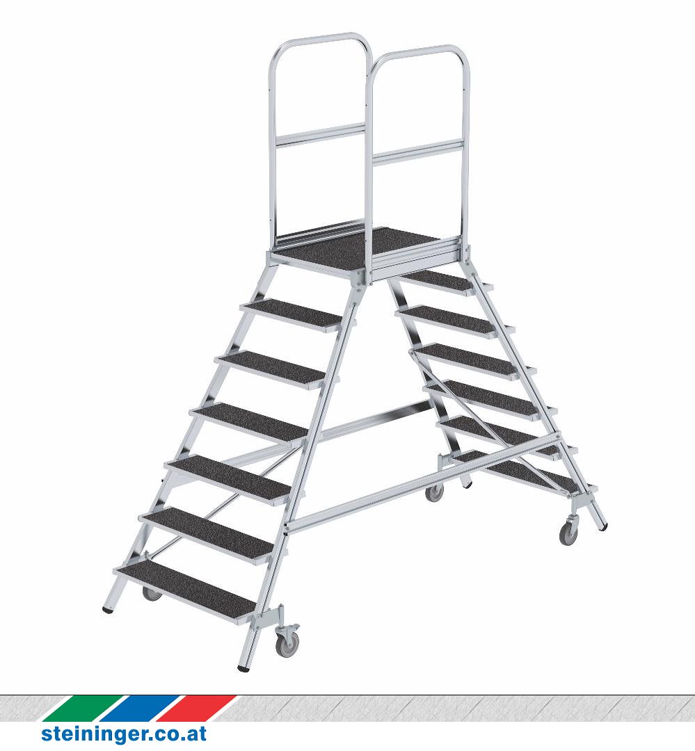 Podestleiter, Alu, beidseitig begehbar, mit Federrollen ...